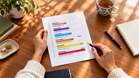 Une personne remplit son profil PCM® imprimé, avec les 6 types colorés en barres